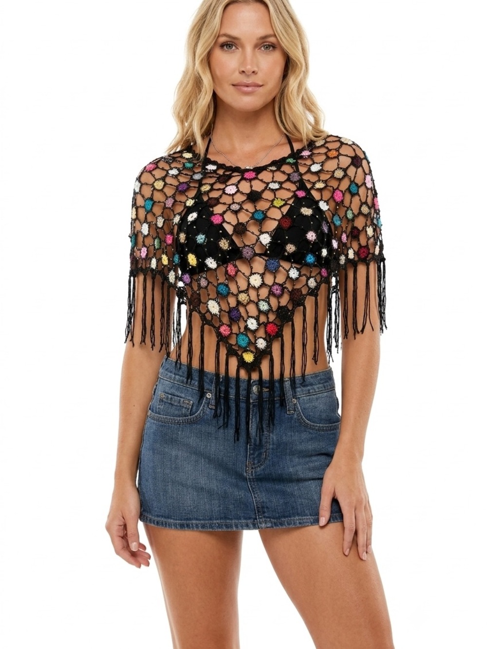 Women’s Black Crochet Fringe Top with Multicolor Accents